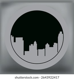 Circular silhouette of a cityscape with modern buildings in gray and green tones, perfect for urban design or visual branding.