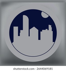 Circular silhouette of a cityscape with modern buildings in gray and blue tones, perfect for urban design or visual branding.