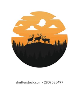 Circular silhouette illustration featuring three bull elks standing on a ridge against an orange sunset sky with clouds and a sun, overlooking a dense coniferous forest.
