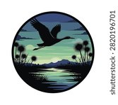 Circular silhouette vector design featuring a crane flying over a marsh at sunset with mountains, water reflections, and stylized wetland plants in a dark blue and green palette.