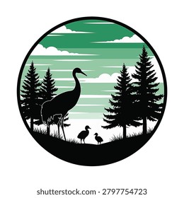 Circular silhouette vector design featuring a crane and two chicks in a pine forest setting with a layered green sky, clouds, and grassy terrain in a minimalist badge style.
