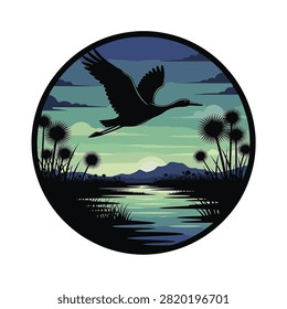Circular silhouette vector design featuring a crane flying over a marsh at sunset with mountains, water reflections, and stylized wetland plants in a dark blue and green palette.