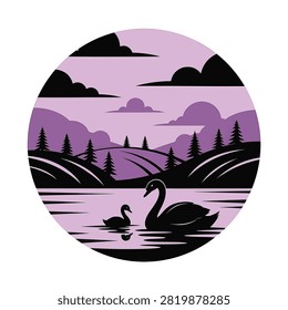 Circular silhouette vector illustration featuring a black swan and cygnet swimming on a calm lake with purple mountains, pine tree forests, and layered clouds in the background.