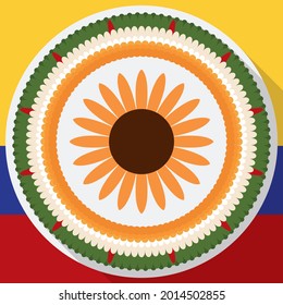 Circular Silleta design for the Festival of the Flowers, decorated with giant sunflower over Colombian flag in flat style and long shadow.