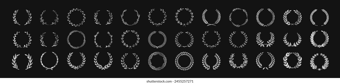 Conjunto de iconos de Vector foliado de laurel plateado circular. Conjunto de foliado de laurel circular de silueta negra, coronas de trigo y roble que representan un premio