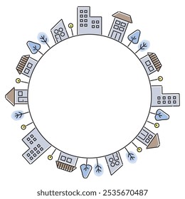 Ilustração simples circular da paisagem da rua de inverno