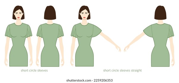 Circular sleeves Cape, butterfly, Flutter, Capelet, short length clothes dresses, tops, shirts technical fashion illustration. Flat apparel template front, back sides. Women, men unisex CAD mockup