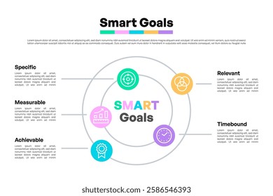 Circular SMART Goals Diagram with Central Element and Orbit Icons Vector Illustration