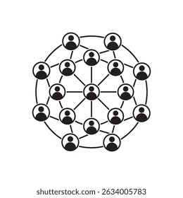 Circular social network diagram with central hub figure linked to 15 surrounding individuals, ideal for community, communication, user connection, team management, and organizational chart designs
