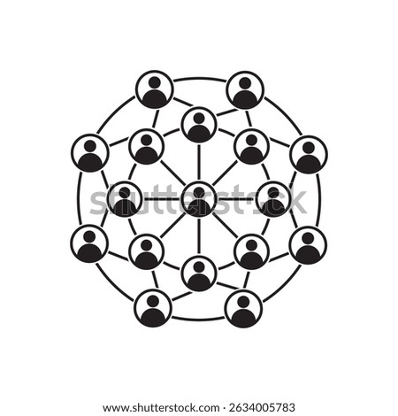 Circular social network diagram with central hub figure linked to 15 surrounding individuals, ideal for community, communication, user connection, team management, and organizational chart designs