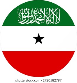 Kreissymbol der Somaliland-Flagge mit grünen, weißen, roten Farben mit islamisch-arabischer Kalligrafie und schwarzem Stern. Flaches Vektorsymbol für Kultur, Religion, Bildung, Infografik und Design.