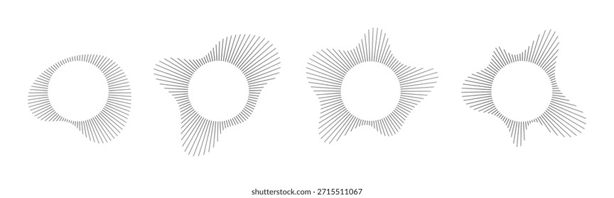 Visualización de sonido circular con conjunto de Vectores de patrón de línea de onda radial. Forma geométrica Abstractas del estallido del anillo del espectro de audio. Gráficos de ecualizador de música con Elementos de línea concéntrica para un diseño moderno.