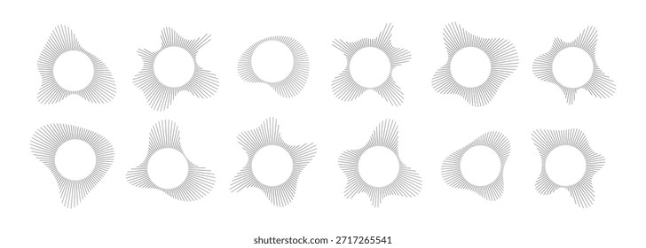Visualización de sonido circular con conjunto de Vectores de patrón de línea de onda radial. Forma geométrica Abstractas del estallido del anillo del espectro de audio. Gráficos de ecualizador de música con Elementos de línea concéntrica para un diseño moderno.
