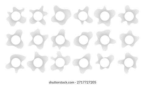 Visualización de sonido circular con conjunto de Vectores de patrón de línea de onda radial. Forma geométrica Abstractas del estallido del anillo del espectro de audio. Gráficos de ecualizador de música con Elementos de línea concéntrica para un diseño moderno.