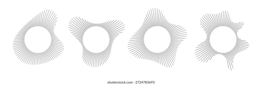 Zirkuläre Klangvisualisierung mit Radialwellenlinien-Vektorsatz. Abstrakte Audiospektrum Ring geometrische Burst Form. Grafiken mit Musik-Entzerrer und konzentrischen Linienelementen für modernes Design.