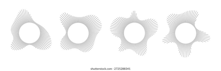 Visualización de sonido circular con conjunto de Vectores de patrón de línea de onda radial. Forma geométrica Abstractas del estallido del anillo del espectro de audio. Gráficos de ecualizador de música con Elementos de línea concéntrica para un diseño moderno.