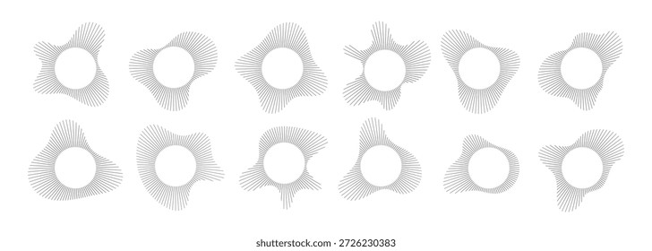 Visualização de som circular com conjunto de vetores de padrão de linha de onda radial. Forma de intermitência geométrica de anel de espectro de áudio abstrato. Gráficos de equalizador de música com elementos de linha concêntricos para design moderno.