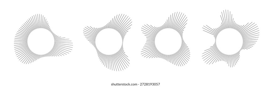 Visualización de sonido circular con conjunto de Vectores de patrón de línea de onda radial. Forma geométrica Abstractas del estallido del anillo del espectro de audio. Gráficos de ecualizador de música con Elementos de línea concéntrica para un diseño moderno.