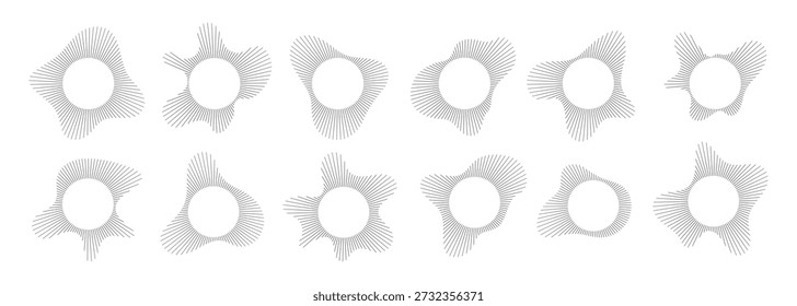 Visualización de sonido circular con conjunto de Vectores de patrón de línea de onda radial. Forma geométrica Abstractas del estallido del anillo del espectro de audio. Gráficos de ecualizadores de música Elementos de línea concéntrica para el diseño contemporáneo