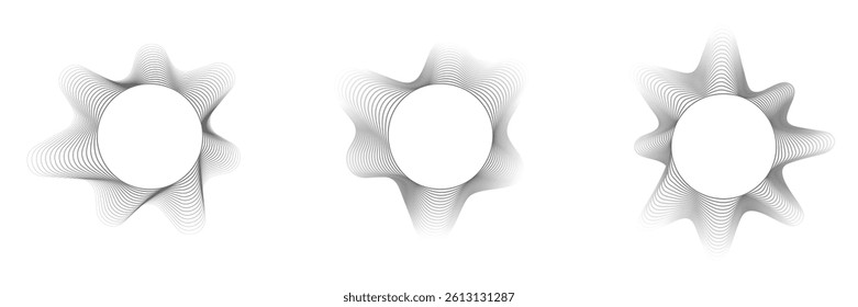 Circular sound wave abstract set with smooth radial line distortion, symmetrical audio ripple pattern, black and white vector illustration design suitable for banners, posters, and templates