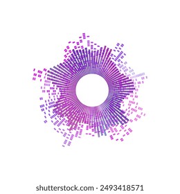 Circular sound wave design with concentric squares in gradient colors of pink, purple, and blue. Abstract vector illustration representing audio frequency or digital sound visualization