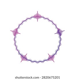 Circular sound wave equalizer visualizing audio frequencies and volume, creating a rhythmic display of music and vibration with vibrant purple and pink lines on a white background