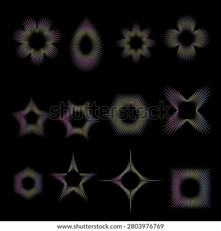 Circular sound wave geometric frame flat vector illustration set with abstract audio frequency spectrum and neon gradient design. Modern digital music wave equalizer track collection isolated on black background
