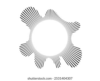 Kreisförmige Schallwelle. Klanglinie, Radialspektrum, Klangentzerrer. Kreisförmiger geometrischer wellenförmiger Rahmen. Radiales Spektrum. Vektorgrafik.