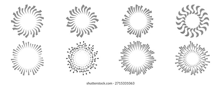 Onda sonora circular feita de linhas pontilhadas. Anel de equalizador de áudio, padrão de frequência radial para visualização de música, rádio e voz. Conjunto de ícones de som redondo. Design vetorial.