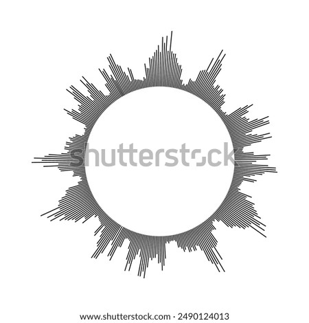 Circular sound wave. Radial black particle design in vector form creating a round sound equalizer effect on an isolated white background. Design element.