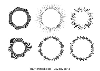 Circular sound wave, round shape. Music equalizer bar set. Vector illustrations isolated on white background.