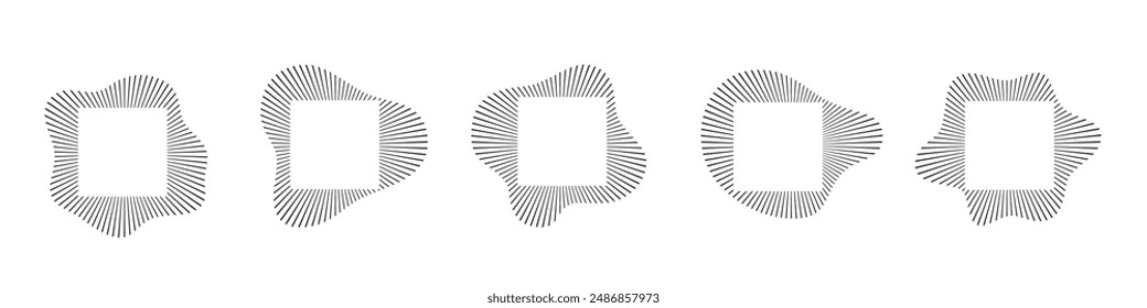 Ondas de sonido circulares. Abstractas patrón de líneas circulares. Estalla el audio musical. Anillo de rayos finos con silueta ondulada. Diseño de espectro radial. Ilustración vectorial de forma de onda geométrica aislada en blanco.