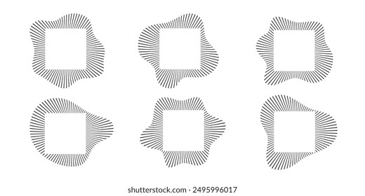 Circular sound waves. Abstract circular lines pattern. Music audio bursts. Ring of thin rays with wavy silhouette. Radial spectrum design. Geometric waveform vector illustration isolated on white.