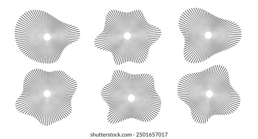 Circular sound waves. Abstract circular lines pattern. Music audio bursts. Ring of thin rays with wavy silhouette. Radial spectrum design. Geometric waveform vector illustration isolated on white.