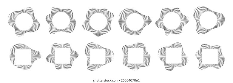 Ondas sonoras circulares. Abstractas patrón de líneas circulares. El audio de la música estalla. Anillo de rayos finos con silueta ondulada. Diseño del espectro radial. Ilustración vectorial geométrica de forma de onda aislada en blanco.