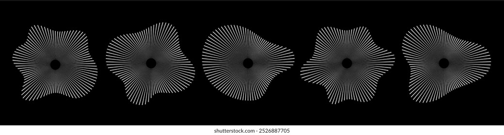 Ondas sonoras circulares. Padrão abstrato de linhas circulares. O áudio da música estoura. Anel de raios finos com silhueta ondulada. Concepção do espectro radial. Vetor de forma de onda geométrica branca isolado em preto.