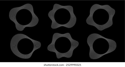 Circular sound waves. Abstract circular lines pattern. Music audio bursts. Ring of thin rays with wavy silhouette. Radial spectrum design. White geometric waveform vector set isolated on black.