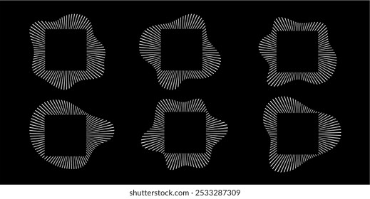 Ondas sonoras circulares. Padrão abstrato de linhas circulares. O áudio da música estoura. Anel de raios finos com silhueta ondulada. Concepção do espectro radial. Vetor de forma de onda geométrica branca isolado em preto.