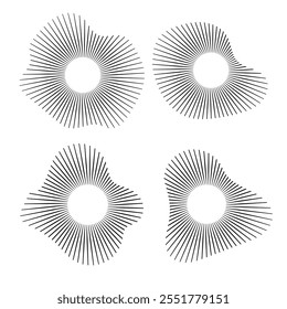 Ondas sonoras circulares. Abstractas patrón de líneas circulares. El sonido de la música se rompe. Un anillo de rayos delgados con una silueta ondulada. Diseño espectral radial. Forma de onda geométrica Ilustración vectorial isola