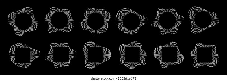 Circular sound waves. Abstract circular lines pattern. Music audio bursts. Ring of thin rays with wavy silhouette. Radial spectrum design. White geometric waveform vector set isolated on black.