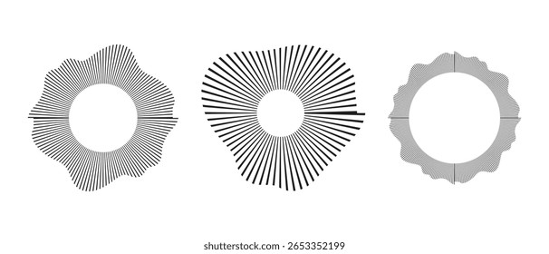 Circular sound waves. Abstract circular lines pattern. Music audio bursts. Ring of thin rays with wavy silhouette. Radial spectrum design. Geometric waveform vector illustration isolated on white
