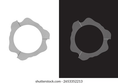 Kreisförmige Schallwellen. Abstraktes Muster mit kreisförmigen Linien. Musik-Audio-Bursts. Ring aus dünnen Strahlen mit welliger Silhouette. Design des Radialspektrums. Geometrische Wellenform, Vektorgrafik einzeln auf Weiß
