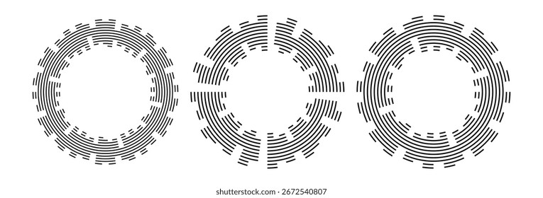 Circular sound waves. Abstract circular lines pattern. Music audio bursts. Ring of thin rays with wavy silhouette. Radial spectrum design. Geometric waveform vector illustration