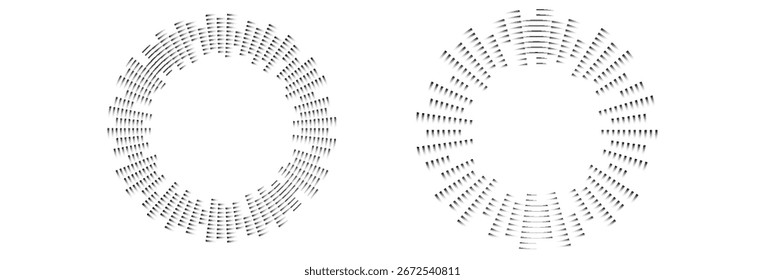 Circular sound waves. Abstract circular lines pattern. Music audio bursts. Ring of thin rays with wavy silhouette. Radial spectrum design. Geometric waveform vector illustration