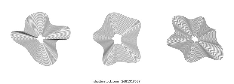 Kreisförmige Schallwellen. Abstraktes Muster mit kreisförmigen Linien. Musik-Audio-Bursts. Ring aus dünnen Strahlen mit welliger Silhouette. Design des Radialspektrums. Geometrischer Wellenformvektor .
