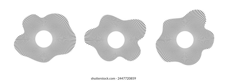 Circular sound waves audio music round symbols of voice equalizers radial spectrum designs ring patterns. Vector
