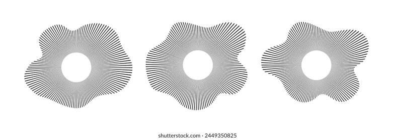 Sonido circular ondas de audio música símbolos redondos de ecualizadores de voz espectro radial diseños patrones de anillo. Vector