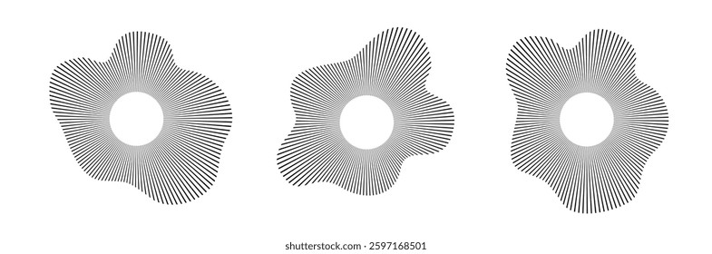 Circular sound waves audio music round symbols of voice equalizers radial spectrum designs ring patterns. Vector