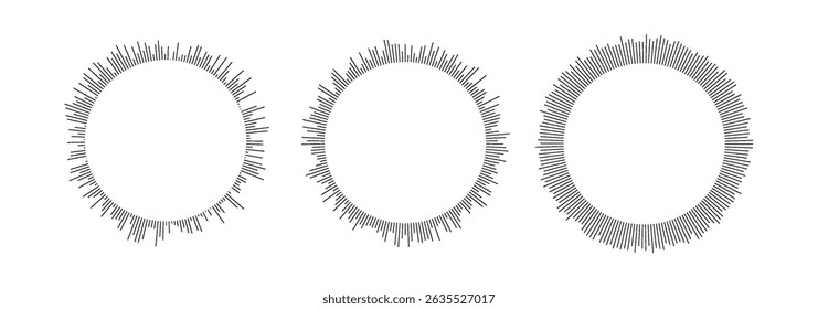 Circular sound waves. Circle sun burst beams collection. Vector black wavy soundwave center elements