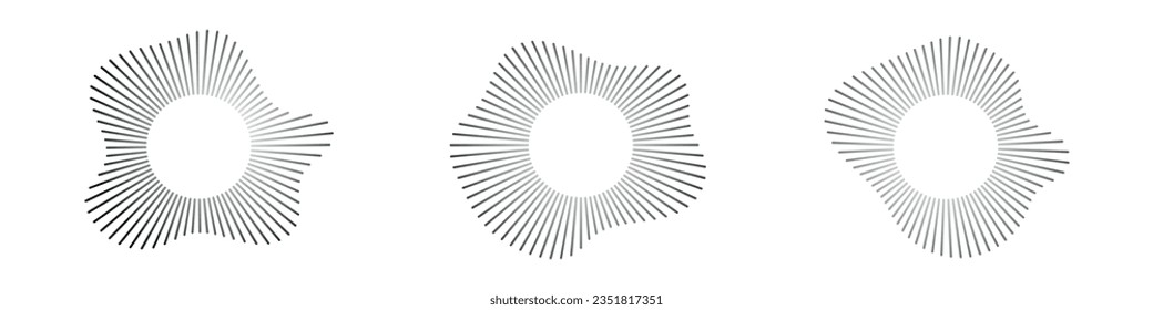 Circular sound waves, depicting audio music, round symbols of voice, icons and logos for equalizers, radial spectrum designs, ring patterns. Flat vector illustrations isolated on white background.